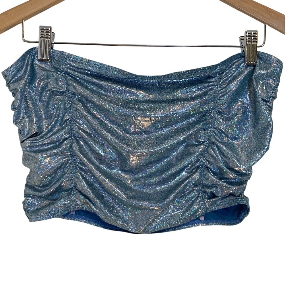 Mermaid Blue Holographic Ruched Tube Top Small Metallic Festival Rave Womens